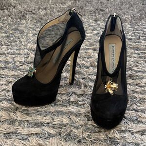 Chinese Laundry Black Suede & Mesh Heels with Removable Crystal Accents, Size 6